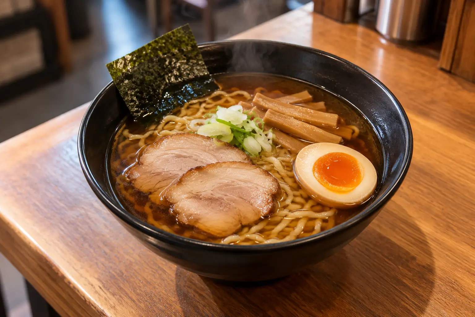 木のカウンターに置かれた醤油らーめん。チャーシュー、メンマ、ねぎ、海苔、味玉がのる