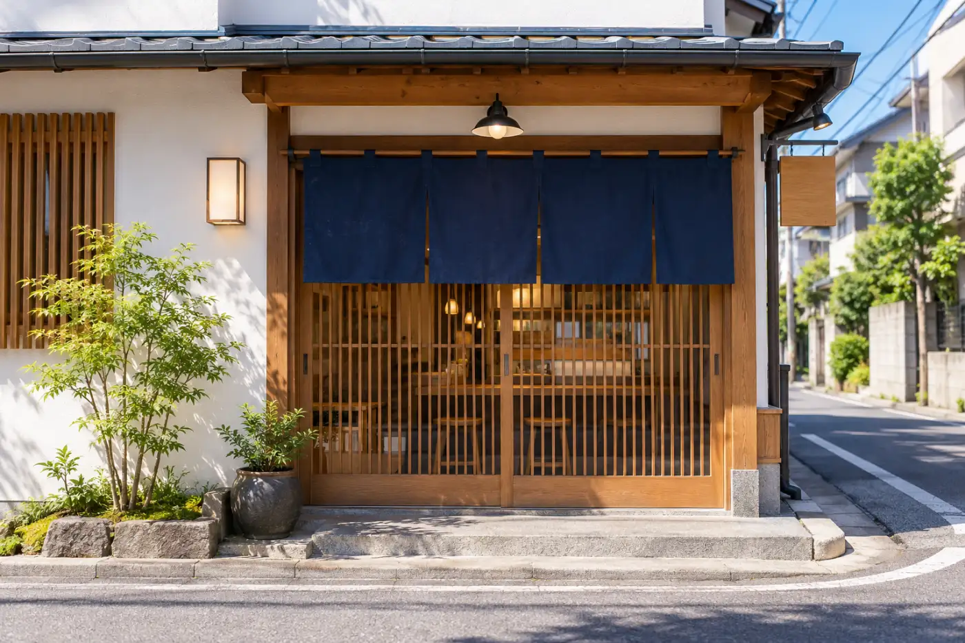 木の格子戸と紺の暖簾の店の外観