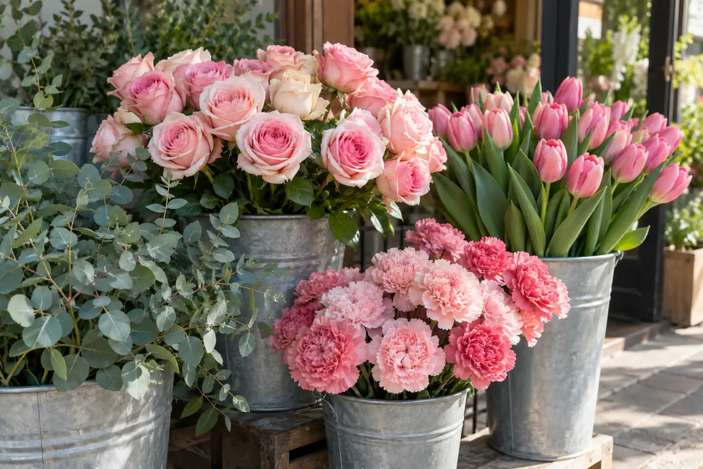 店先に並ぶ季節の花のバケツ