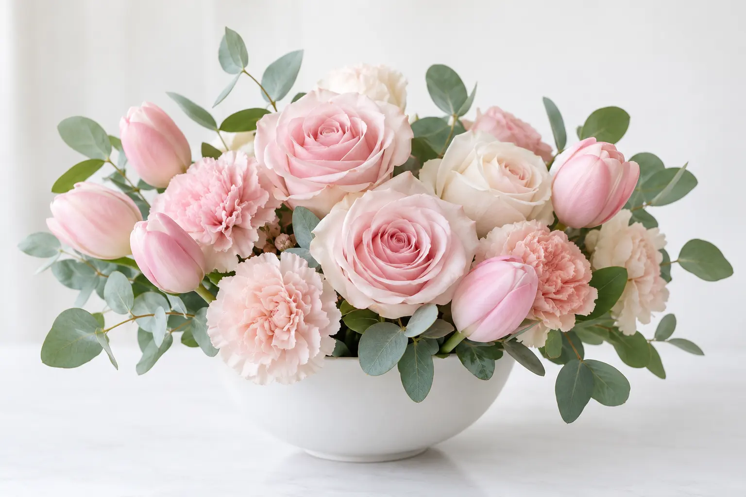 白い器に生けた季節の花のアレンジ