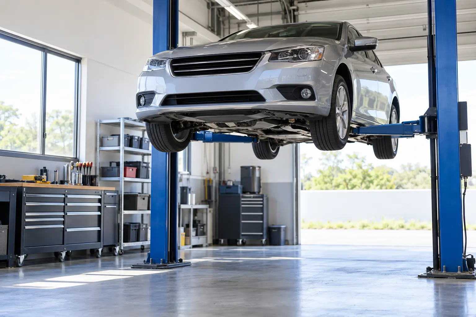 リフトで持ち上げたナンバープレートのない車を点検する整備工場